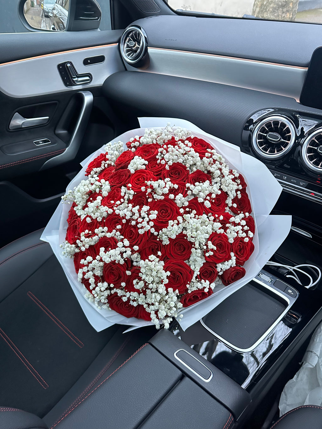 50 Naomi Red Roses with Gyp Inbetween