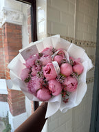15 Pink Peony Stems with Wax Flower