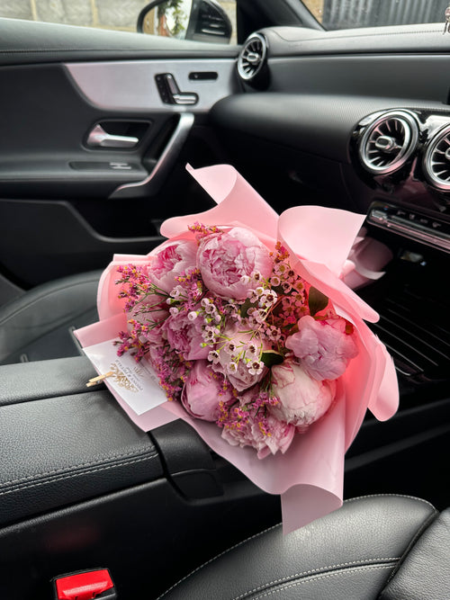 10 Pink Peony Stems with Wax Flower