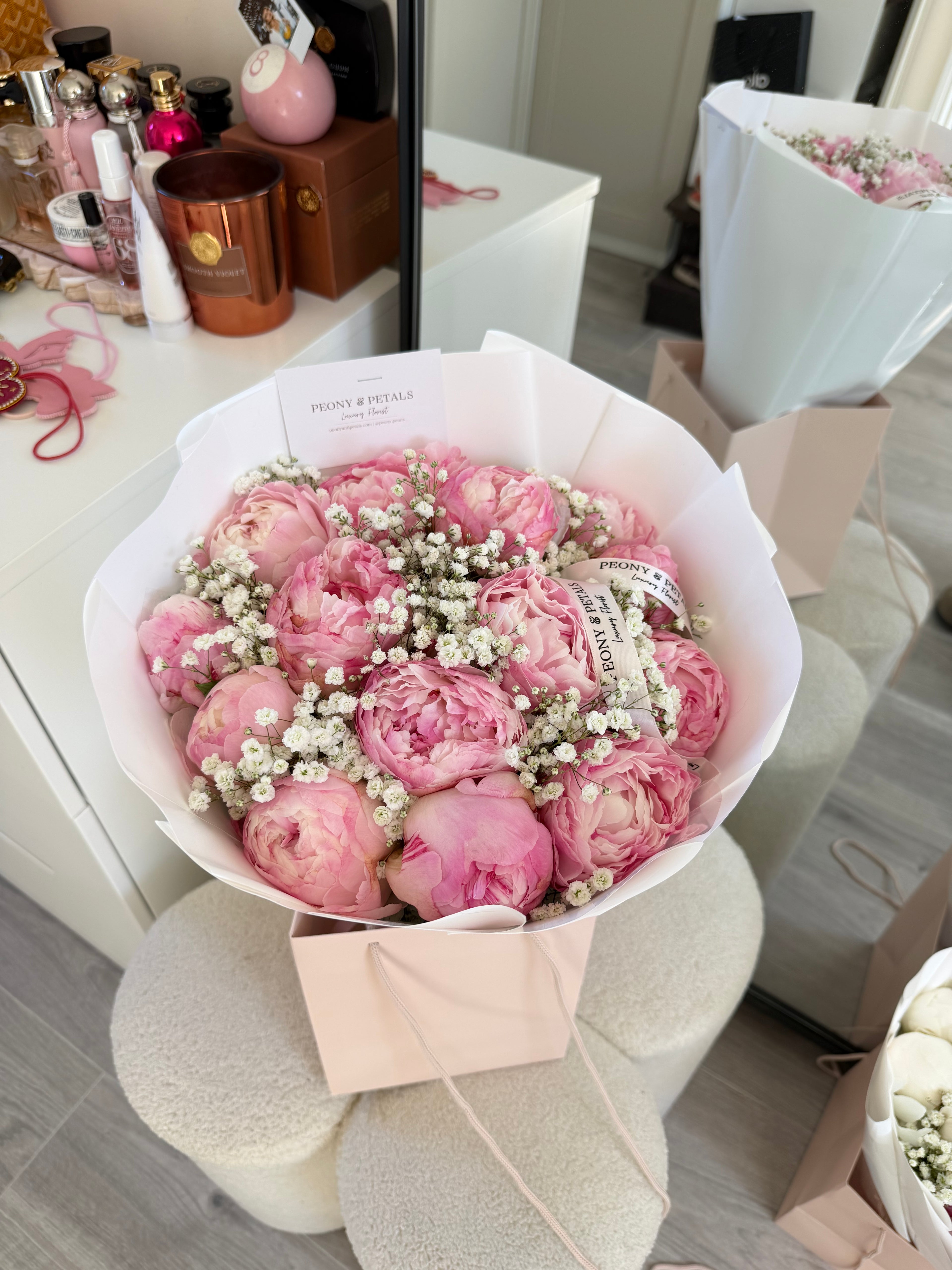 15 Pink Peony Stems with Gyp