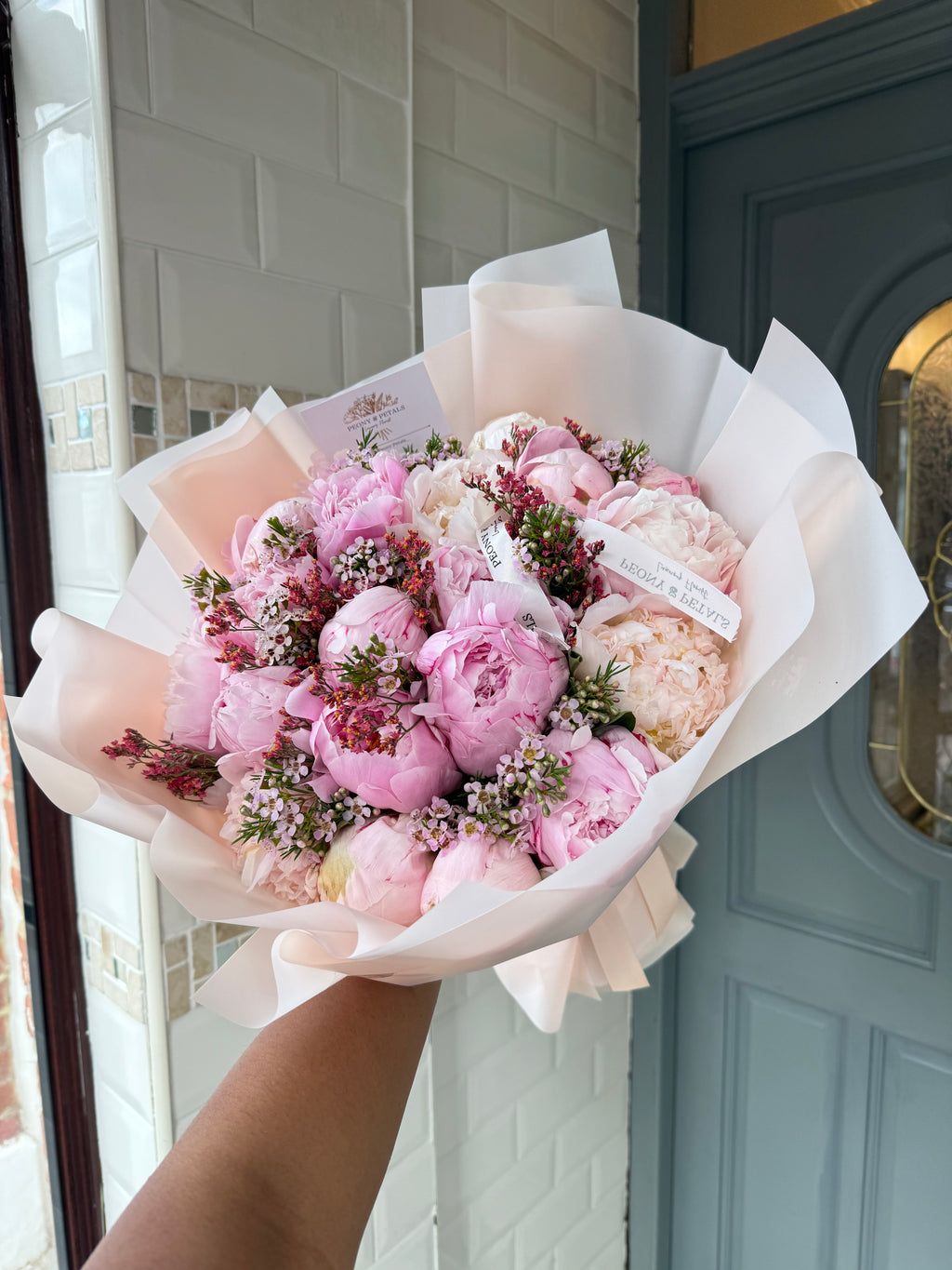 25 Pink Peonies with Wax Flower