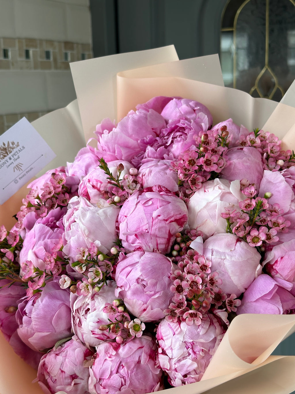 25 Pink Peonies with Wax Flower