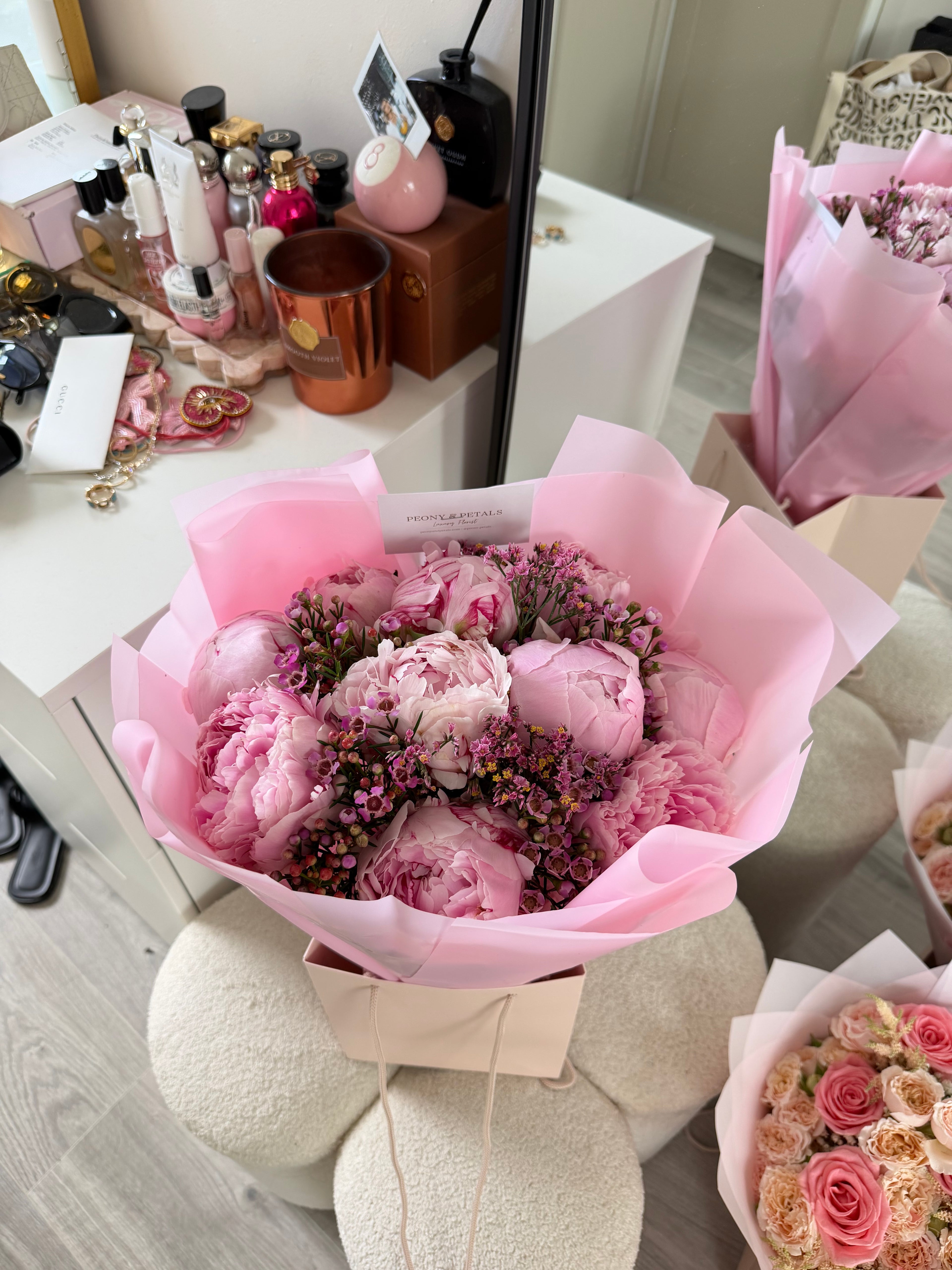 10 Pink Peony Stems with Wax Flower