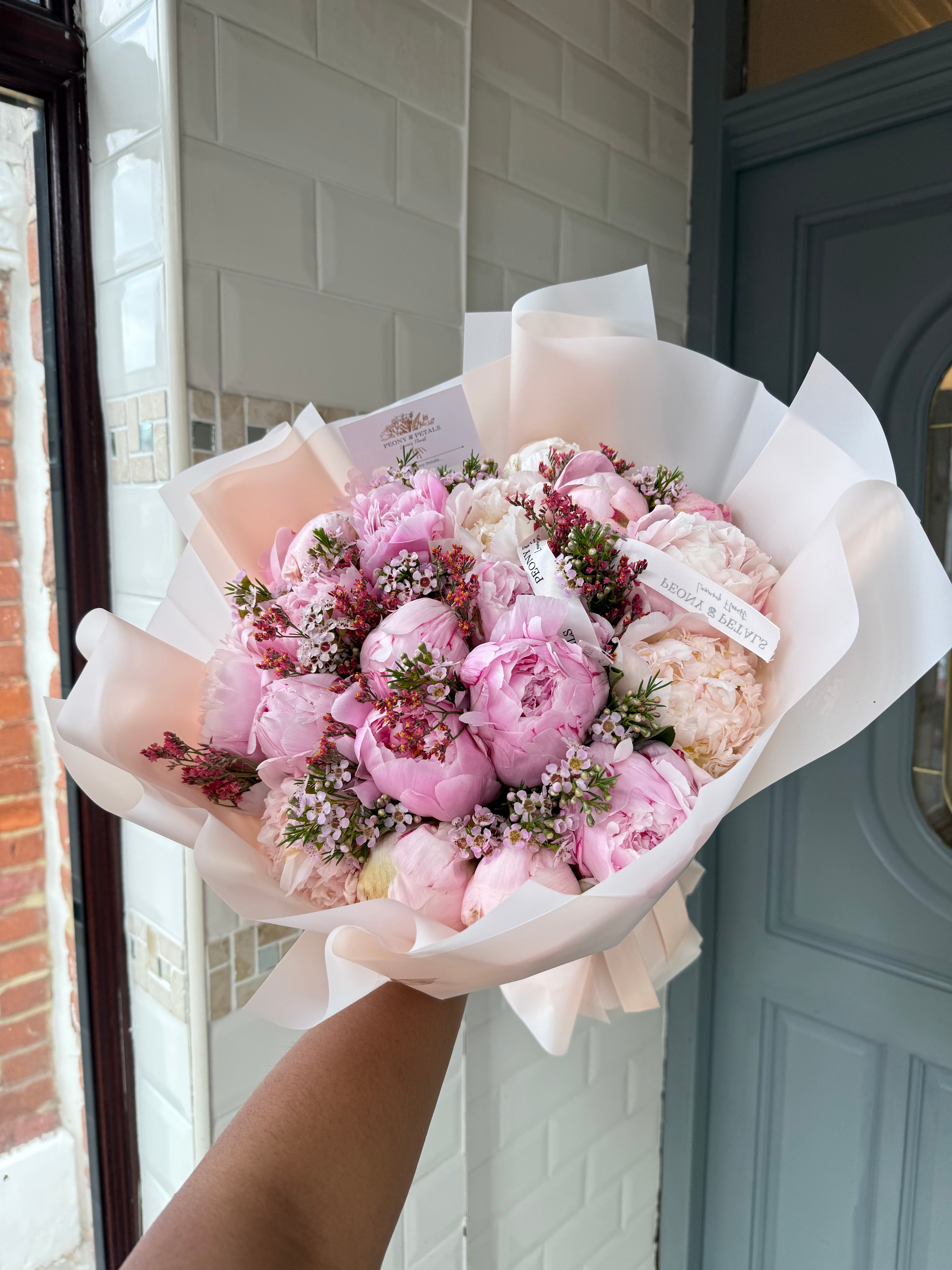25 Pink Peonies with Wax Flower