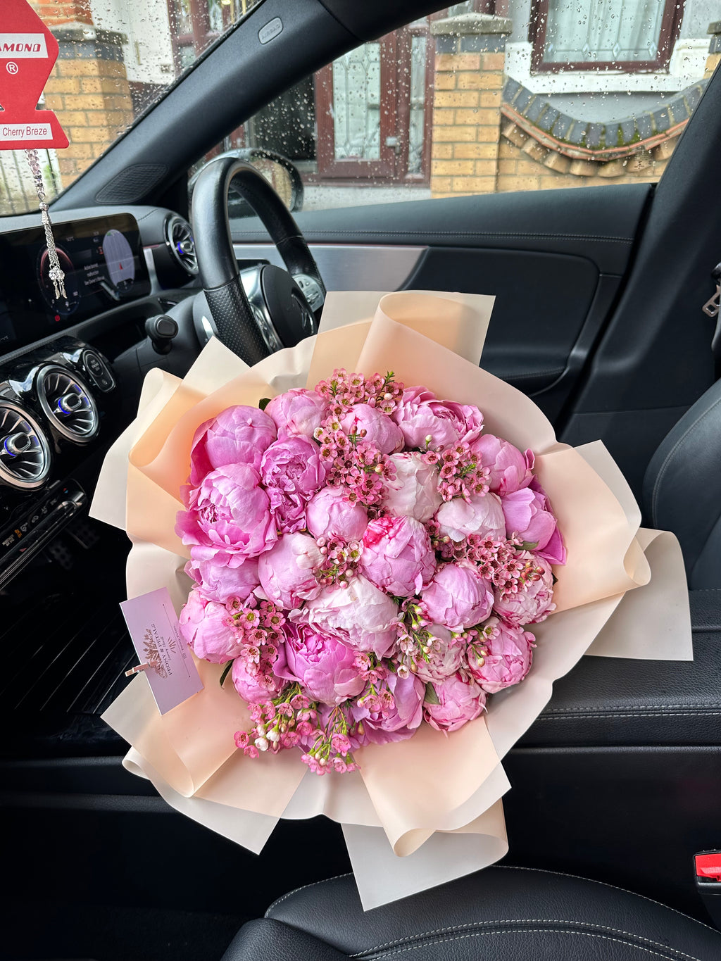 25 Pink Peonies with Wax Flower