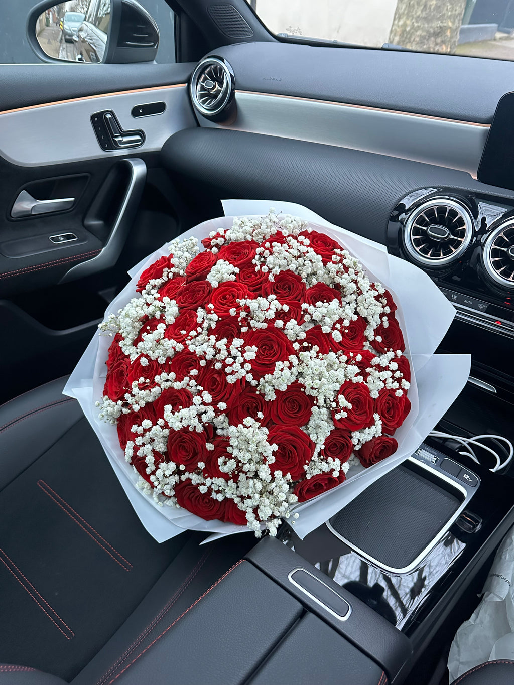 50 Naomi Red Roses with Gyp Inbetween