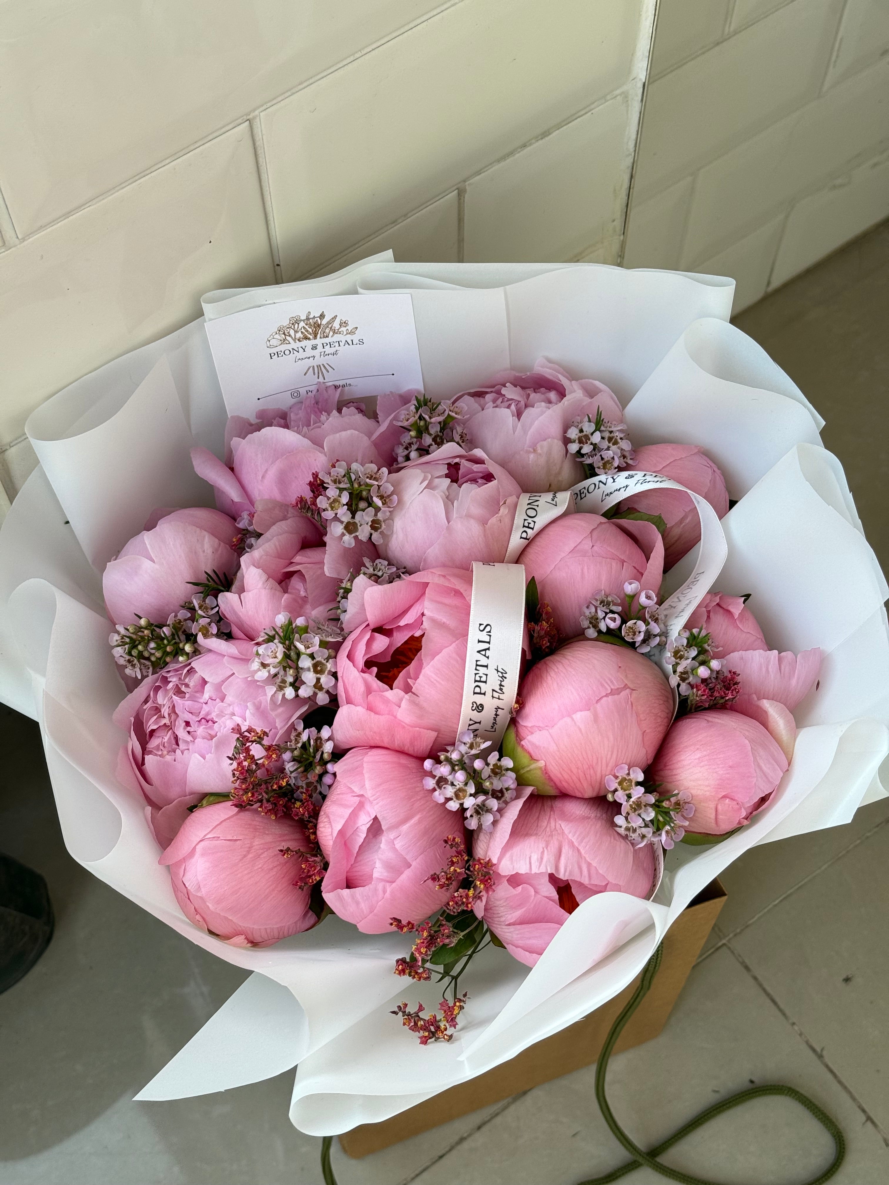 15 Pink Peony Stems with Wax Flower