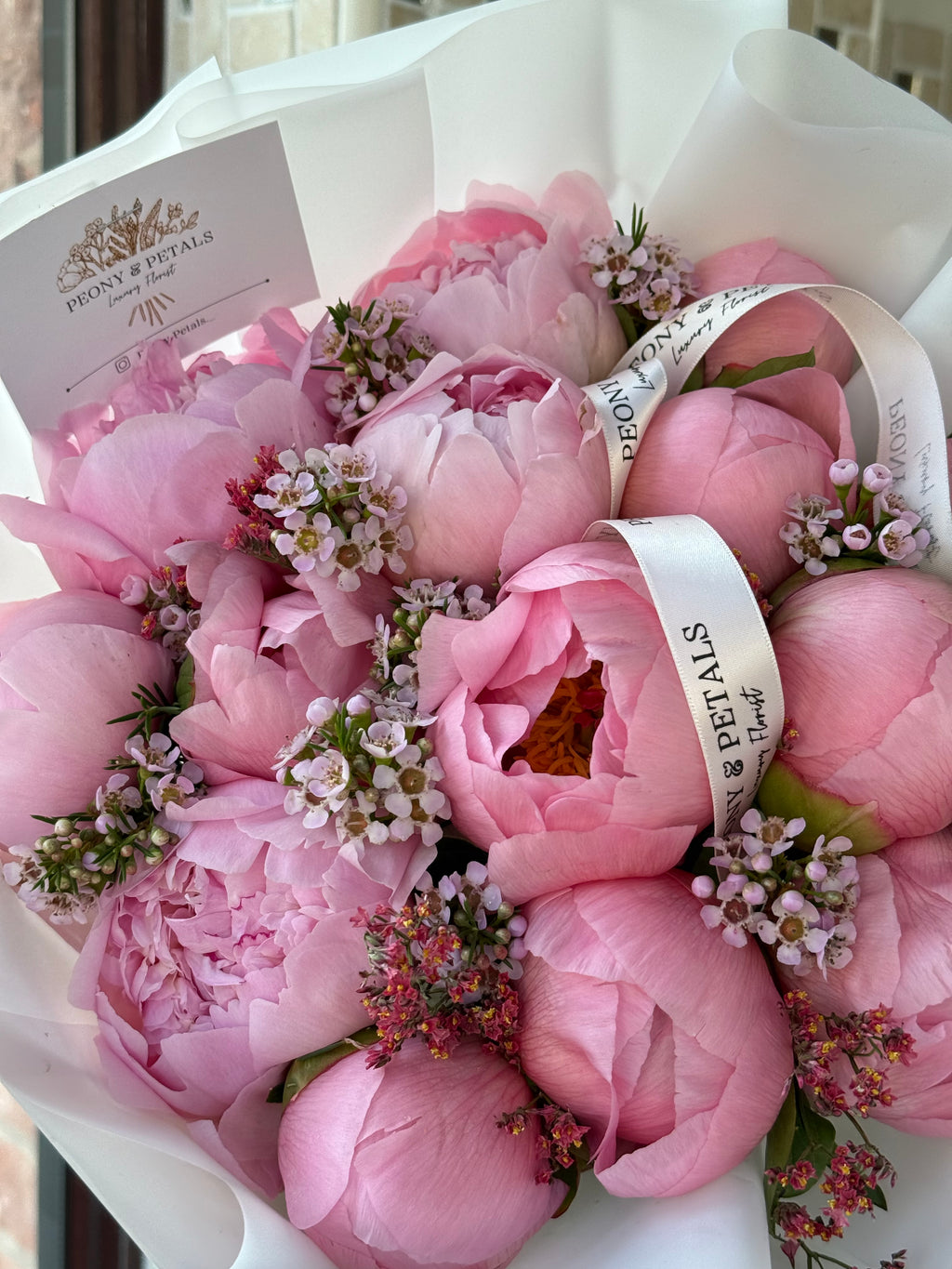 15 Pink Peony Stems with Wax Flower