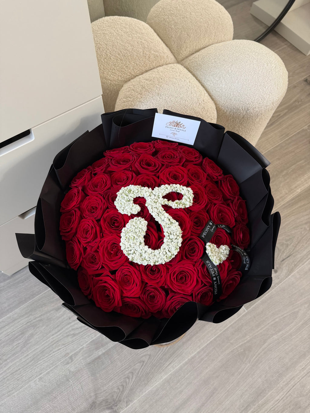 50 Naomi Red Roses with Gyp Initial & Heart